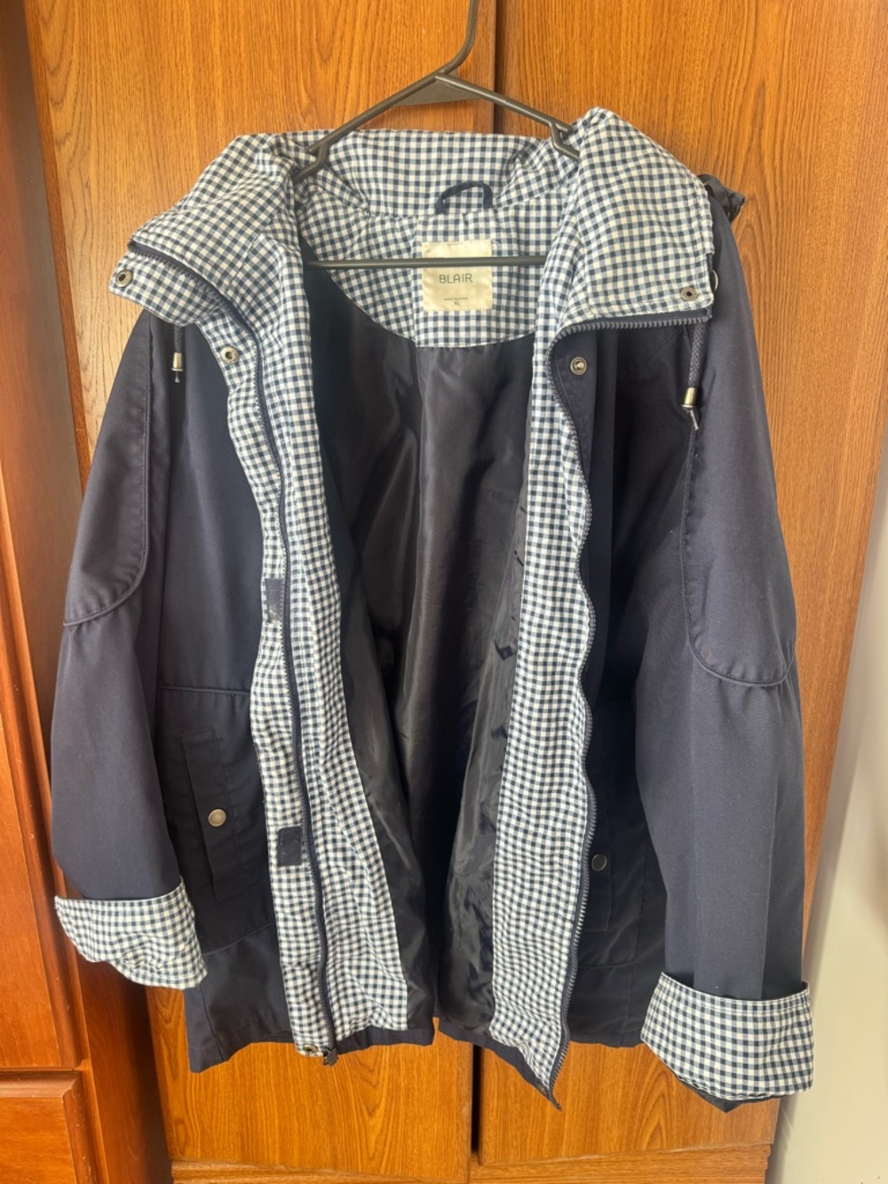 Women’s Navy Removable Hood Jacket with Gingham Lining